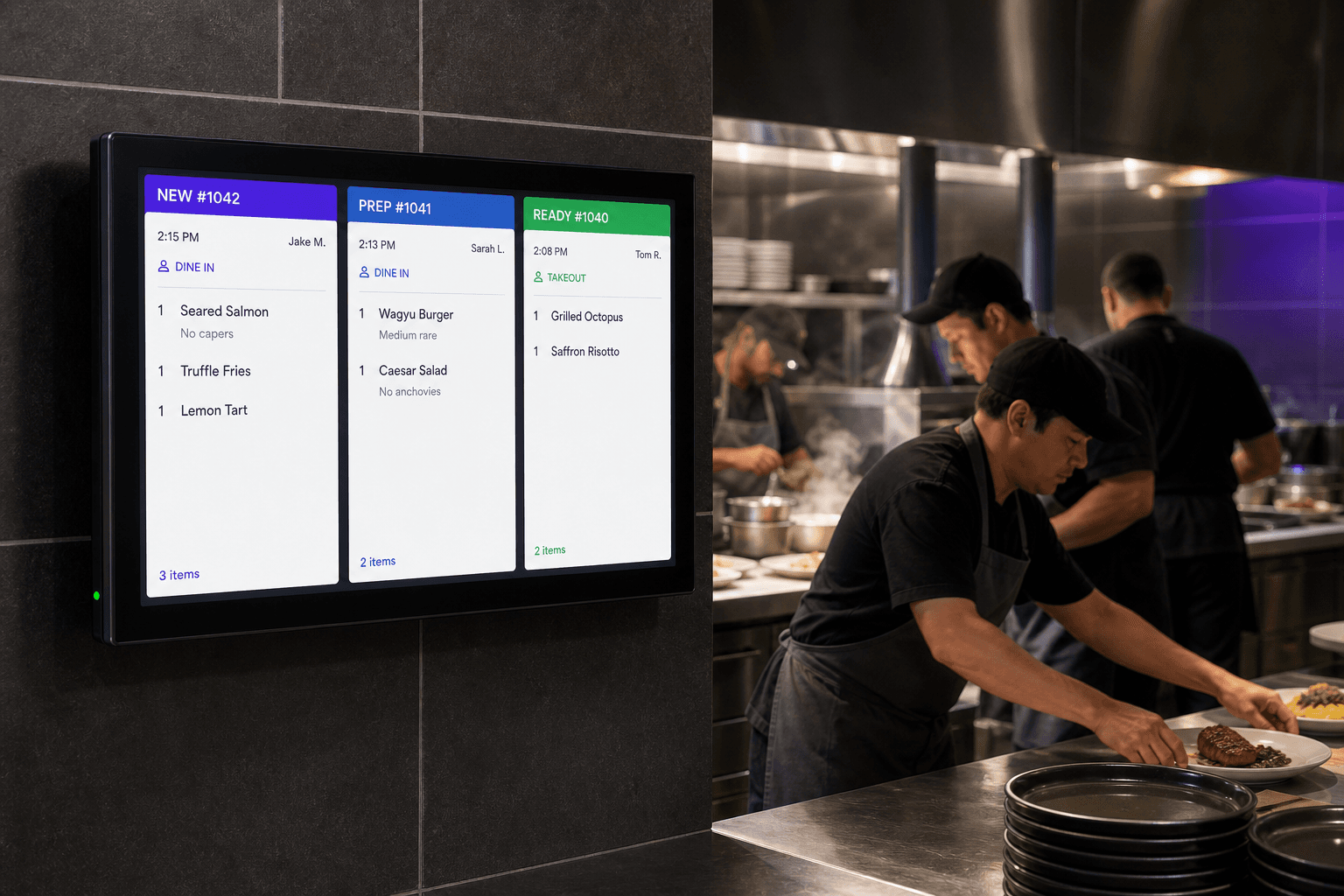 Realistic MenuBip kitchen display showing new, preparing, and ready restaurant orders