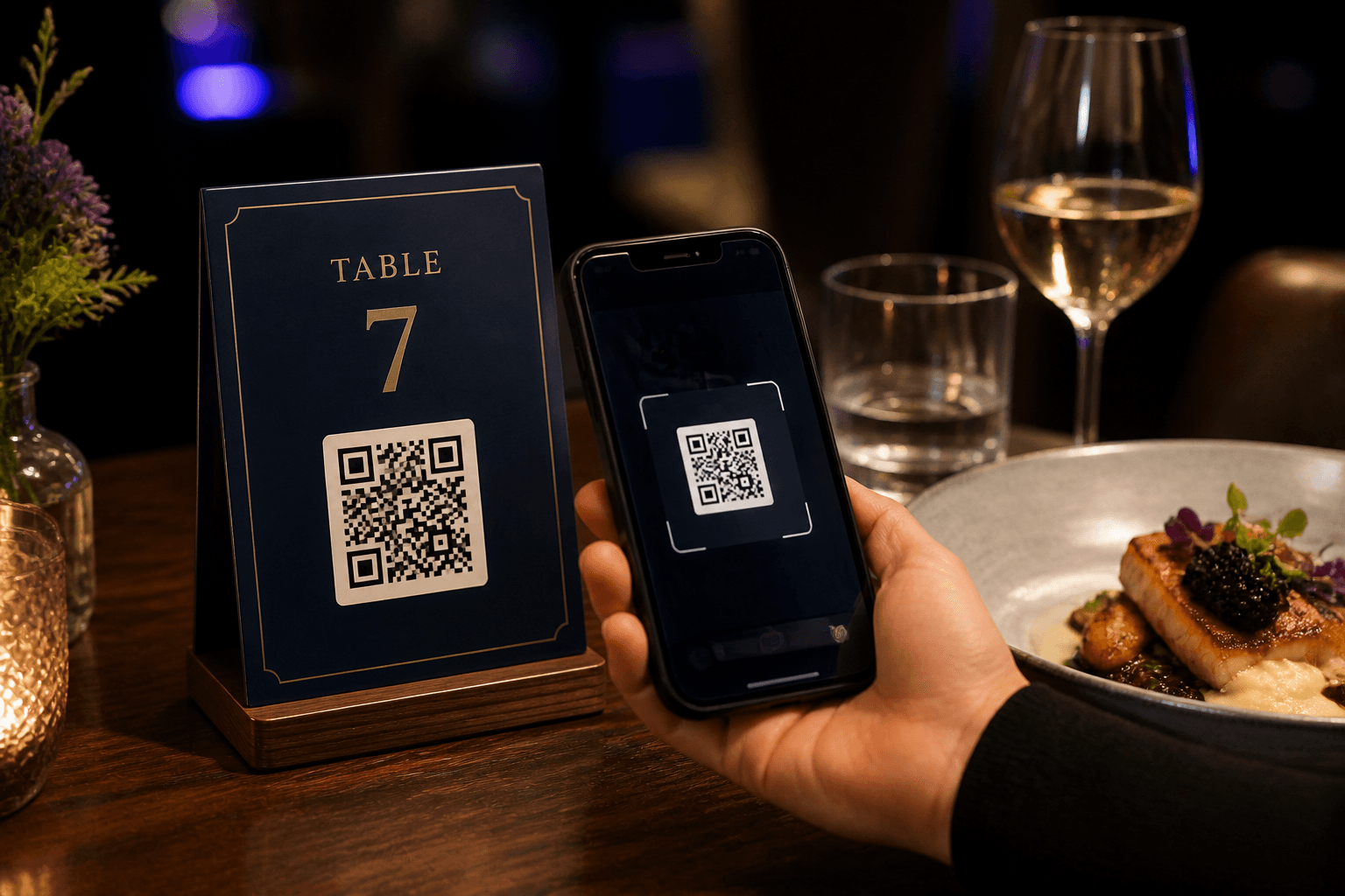 Realistic restaurant table QR stand being scanned by a smartphone