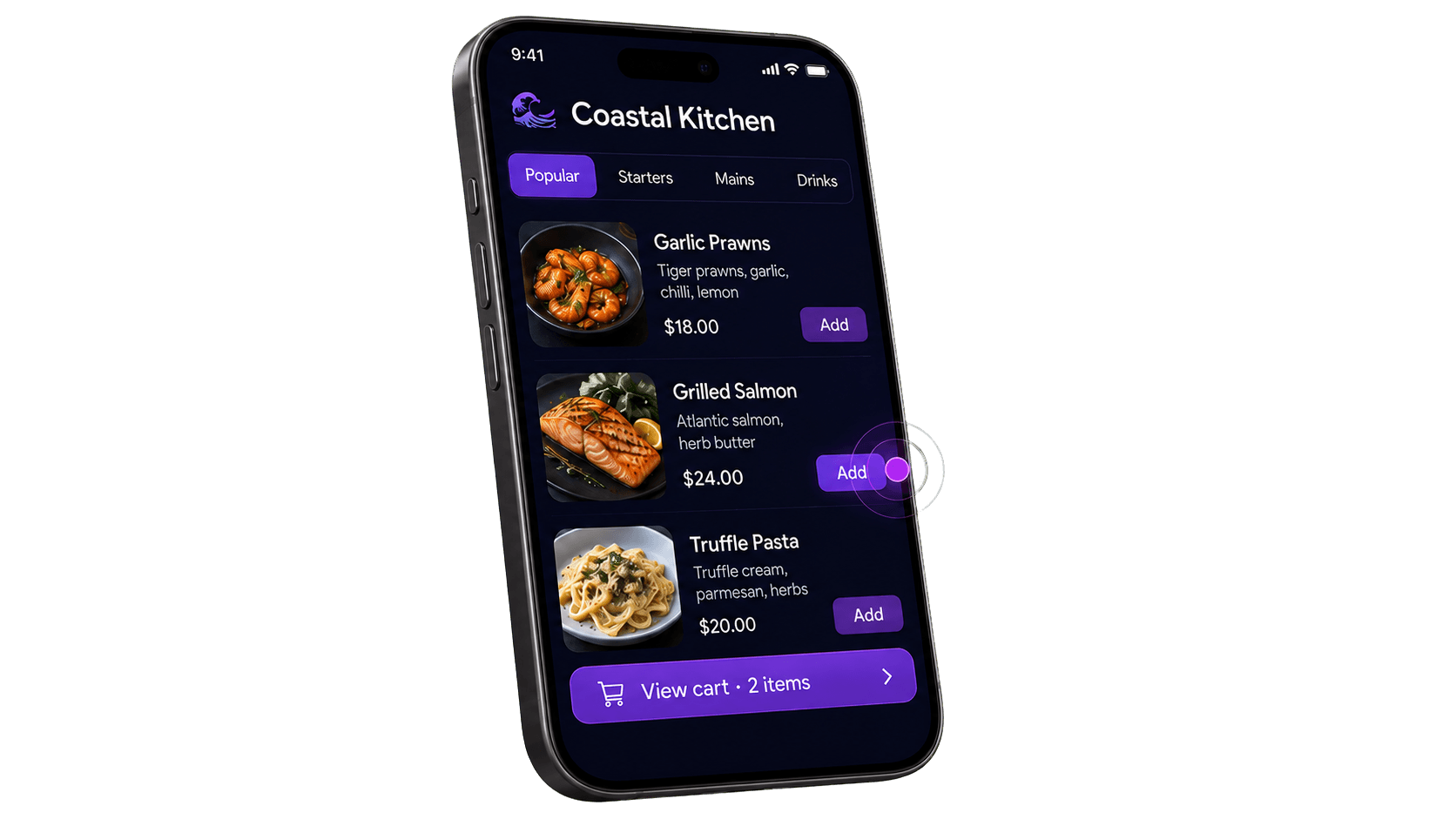 MenuBip mobile restaurant menu showing dishes and cart